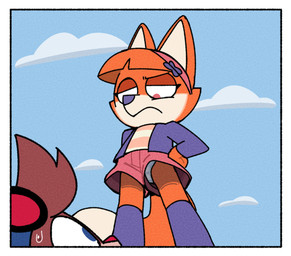 anthro bangs blue_eyes blunt_bangs bodily_fluids bottomwear brown_body brown_fur clothing dipstick_tail duo eyewear eyewear_on_head female frown fur goggles goggles_on_head looking_down low-angle_view male markings orange_body orange_fur panties pink_eyes scowl shorts sweat sweatdrop tail tail_markings underwear upshorts white_body white_fur young young_anthro young_female young_male fullhero murphy_and_mitzi murphy_(ajmarekart) vivian_(ajmarekart) canid canine domestic_cat felid feline felis fox mammal