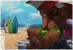 anthro barazoku barefoot beach beach_chair beach_umbrella beard belly beverage_can biceps big_bulge big_muscles big_pecs body_hair border bulge chair chest_hair clothed clothing cloud cooler day detailed_background detailed_bulge eyebrows eyewear eyewear_on_head facial_hair feet footwear fur furniture genital_outline hair hands_behind_head happy_trail huge_muscles ice looking_at_viewer male manly musclegut muscular muscular_anthro muscular_male navel nipple_piercing nipple_ring nipples obliques outside parasol pawpads pecs penis_outline piercing pubes relaxing ring_piercing sand sandals seaside serratus shadow shoes sitting sky soles solo summer sunglasses sunglasses_on_head surfboard swim_ring swimming_trunks swimwear swimwear_only text thick_thighs topless topless_anthro topless_male towel tuft water white_border cobaltgrande henry_harris_baxter bear brown_bear mammal ursine 2023 english_text hi_res