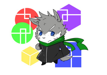 abstract_background anthro biped blue_eyes fur green_scarf grey_body grey_fur kemono male scarf solo white_body white_fur asleepchef canid canine canis mammal wolf 2018 absurd_res hi_res