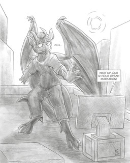 anthro barefoot clothed clothing eyewear feet glasses hair male membrane_(anatomy) membranous_wings solo sun text wings flinters disney gargoyles gargoyle 2024 4:5 english_text hi_res monochrome