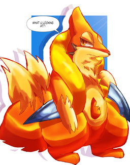 2_tails ambiguous_gender anthro arm_fin blue_fin border brown_eyes clothing dialogue fin flotation_sac fluffy fluffy_tail fur gloves_(marking) handwear markings multi_tail neck_tuft orange_body orange_fur simple_background solo standing tail talking_to_viewer tan_body tan_fur text tuft white_border felipotyphlosion nintendo pokemon floatzel generation_4_pokemon mammal pokemon_(species) absurd_res digital_drawing_(artwork) digital_media_(artwork) digital_painting_(artwork) english_text hi_res painting_(artwork)