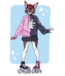 alternative_fashion anthro clothing emo emo_haircut female furniture goth heterochromia horn j-fashion jirai_kei pastel_goth pink_clothing quad_skates radlynx roller_skates solo star toe_stop y2k_(graphic_design) butterflysneeze felid feline lynx mammal dithering hi_res