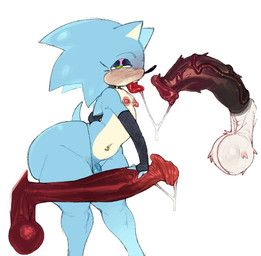 animal_genitalia anthro armwear ball_size_difference balls big_balls big_butt big_glans big_penis blue_balls blue_penis blush bodily_fluids bottom_heavy butt choker clothing darkened_balls darkened_genitalia darkened_penis eyelashes femboy fishnet_armwear fishnet_clothing genitals glans group jewelry male male/male micropenis navel navel_piercing necklace nipple_piercing nipples penis penis_size_difference piercing pink_nipples red_balls red_penis saliva sheath small_balls small_penis thick_thighs tongue tongue_out trio white_balls white_sheath wide_hips utaro_uta sega sonic_the_hedgehog_(series) sonic_the_hedgehog eulipotyphlan hedgehog mammal