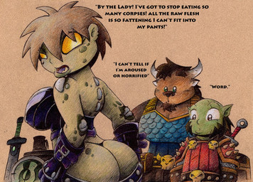 anthro armor big_breasts bottomwear bottomwear_down breasts butt clothed clothing female front_view group hair horn looking_back male melee_weapon not_furry_focus panties pants pants_down partially_clothed rear_view sword text underwear weapon drake_fenwick blizzard_entertainment warcraft forsaken_(character) bovid bovine humanoid mammal orc tauren undead english_text