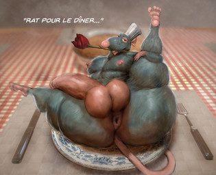 anthro anus balls big_butt butt chef_hat clothing detailed_background erection feet genitals hat headgear headwear male micro muscular muscular_male nipples penis solo text hohohonse disney pixar ratatouille remy_(ratatouille) mammal murid murine rat rodent 2026 absurd_res hi_res