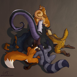 anthro armpit_sniffing athletic big_butt big_tail black_body black_fur butt butt_grab erection fur group group_sex hair hand_on_butt long_tail looking_back male male/male markings mutual_masturbation orgy overweight overweight_male raised_tail red_body red_fur ring_(marking) ringed_tail sex slightly_chubby sniffing striped_markings striped_tail stripes tail tail_coil tail_markings white_hair gtskunkrat gtskunkrat_(character) akita akita_inu canid canine canis domestic_dog fox hybrid hyena mammal mastiff mephitid molosser murid murine procyonid raccoon rat rodent rottweiler skunk spitz 1:1 hi_res