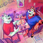 anthro bear beverage blue_bottomwear blue_clothing blue_shirt blue_topwear bottomwear canalbrushrush clothed clothed_anthro clothed_male clothing coxinha duo felid fingers food frosted_flakes hi_res kellogg's kerchief male male_anthro mammal markings mascot nestle orange_body orange_tail pantherine polar_bear portuguese_description portuguese_text red_clothing red_kerchief red_shirt red_topwear shirt snow_flakes_(nestle) striped_body striped_markings striped_tail stripes tail tail_markings teeth text tiger tongue tony_the_tiger topwear translated ursine urso_snow white_body