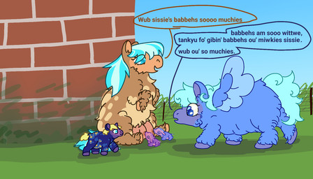 ambiguous_feral ambiguous_gender areola baby_talk blonde_hair blue_body blue_eyes blue_fur blue_hair blue_tail breastfeeding brick brick_wall brown_body brown_fur crotch_breasts day dialogue eyes_closed female female_feral feral fur good_parenting grass group hair hooves neonate nipples open_mouth outside plant purple_body purple_fur purple_hooves sitting smile standing tail text wall_(structure) yellow_tail young young_ambiguous young_feral whenthemoonhitsyoureye fluffy_pony fountain_(whenthemoonhitsyoureye) rain_(whenthemoonhitsyoureye) fluffy_pony_(species) mammal 2025 7:4 digital_media_(artwork) english_description english_text hi_res female_(lore) sibling_(lore) sister_(lore) sisters_(lore)