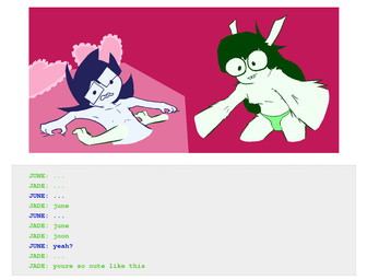 bed blue_hair buckteeth chat chat_box clothed clothed_female clothed_humanoid clothing dialogue duo eyewear female furniture glasses green_clothing green_hair green_panties green_underwear hair heart_pillow human_on_humanoid interspecies male male/female on_bed panties pillow rectangular_glasses round_glasses teeth text underwear alyfia homestuck ms_paint_adventures jade_harley june_egbert animal_humanoid canid canid_humanoid canine canine_humanoid dog_humanoid human humanoid mammal mammal_humanoid comic english_text brother_(lore) brother_and_sister_(lore) incest_(lore) sibling_(lore) sister_(lore)