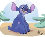 back_markings beach blue_body blue_eyes blue_fur blue_nose claws fur head_tuft markings notched_ear open_mouth open_smile seaside sitting small_tail smile solo tail tuft maxpany disney lilo_and_stitch stitch_(lilo_and_stitch) alien experiment_(lilo_and_stitch) 2022 cel_shading colored_sketch shaded sketch