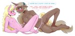 anthro anthrofied blonde_hair blue_eyes blush bodily_fluids breast_size_difference breasts brown_body brown_fur brown_hair dialogue duo feet female female/female fur genital_fluids genitals hair horn humanoid_feet long_hair pink_body pink_fur plantigrade pussy pussy_juice_on_breast pussy_juice_on_face saliva scar shaking_legs simple_background skinny small_breasts text vaginal_fluids white_background redxbacon hasbro my_little_pony mythology eureka_(oc) fan_character parch_well_(oc) equid equine mammal mythological_creature mythological_equine unicorn english_text hi_res