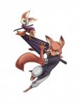 action_pose anthro barefoot clothed clothing costume duo feet frown looking_at_viewer male pose simple_background umbrella white_background bei_ju_luoxuan_wan disney gintama zootopia finnick_(zootopia) kamui_(gintama) nick_wilde takasugi_shinsuke canid canine fennec_fox fox mammal red_fox true_fox 2016