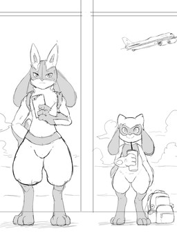 aircraft airplane backpack duo electronics looking_at_viewer phone smile standing thick_thighs vehicle winick-lim nintendo pokemon generation_4_pokemon lucario pokemon_(species) riolu 2025 3:4 monochrome