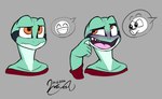 anthro big_mouth_(anatomy) blush clothed clothed_anthro clothed_male clothing embarrassed emoji fangs femboy finger_in_mouth green_body grey_background looking_away male membrane_(anatomy) multicolored_body natural_eyeshadow open_mouth orange_eyes pupils purple_blush sharp_teeth shirt showing_teeth simple_background solo speech_bubble square_pupils teeth tongue topwear unimpressed webbed_hands white_body wayesh hinato_(wayesh) amphibian frog 2024 bust_portrait portrait signature andromorph_(lore)