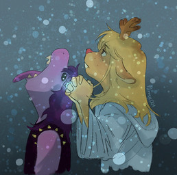 anthro antlers bangs blonde_hair cartoon_freckles clothed clothing duo female freckled_face freckles fur hair horn purple_body red_nose ring snow snowgrave snowing teeth thorn_ring pumee001 deltarune undertale_(series) yummy_rain_(meme) noelle_holiday susie_(deltarune) deer mammal new_world_deer reindeer reptile scalie 2024 hi_res