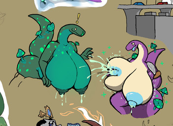 anthro big_breasts bodily_fluids breast_expansion breast_grab breasts duo expansion female hand_on_breast huge_breasts lactating milk nipples nude onomatopoeia sloshing_breasts sound_effects text snapps risk_of_rain lemurian scalie