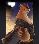 alcohol anthro beverage brown_body brown_fur full_moon fur male moon sake sake_bottle solo 7theaven asian_mythology east_asian_mythology genshin_impact japanese_mythology mihoyo mythology kamai_kenji kamaitachi mammal mustelid yokai absurd_res hi_res