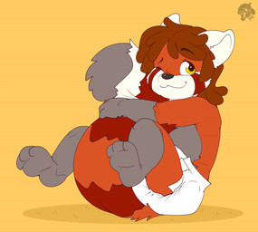 3_toes ambiguous_gender anthro black_nose blush blush_lines brown_hair clean_diaper clothed clothing diaper diaper_only dipstick_tail feet fur gloves_(marking) grey_body grey_fur grey_tail grey_tail_tip hair hugging_own_tail leg_markings logo markings multicolored_body multicolored_fur multicolored_tail one_eye_closed orange_body orange_fur orange_tail ring_(marking) ringed_tail self_hug simple_background sitting sitting_on_diaper smile socks_(marking) solo striped_markings striped_tail stripes tail tail_markings three-quarter_view toes topless wearing_diaper white_body white_diaper white_ears white_fur white_inner_ear white_tail yellow_background bubblepuppers rolo_(redpandarolo) ailurid mammal red_panda artist_logo full-length_portrait portrait