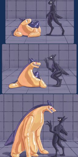 ambiguous_gender anthro black_body duo elongated elongated_arms floor glistening glistening_body greeting latex long_arms looking_at_another looking_down lying on_front red_eyes sharp_teeth smile teeth tile tile_floor tile_wall transformation wall_(structure) malevolified nintendo pokemon generation_2_pokemon latex_creature pokemon_(species) typhlosion unknown_species 2026 absurd_res hi_res