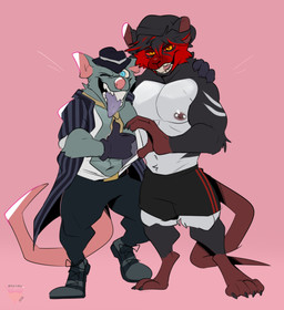 anthro areola arm_over_shoulder barbell_piercing beanie biceps black_body black_fur blue_eyes buckteeth claws clothed clothing duo footwear fur gesture gloves green_body green_fur grin hand_gesture handwear happy hat headgear headwear heart_gesture looking_at_viewer male mischievous_smile muscular muscular_anthro muscular_male necktie nipple_piercing nipples one_eye_closed open_clothing open_mouth open_shirt open_smile open_topwear pecs piercing pink_background purple_tongue rat_tail red_sclera shirt simple_background size_difference smile smiling_at_viewer standing tail teeth thumbs_up tongue topwear white_body white_fur yellow_eyes rattykai league_of_legends riot_games tencent crime_city_twitch twitch_(lol) mammal murid murine rat rodent 2026 hi_res
