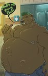 abdominal_bulge anthro bathroom belly big_belly brown_body brown_fur clothing facial_piercing fully_inside fur hat headgear headwear male muscular muscular_male nipple_piercing nipples nose_piercing nose_ring piercing ring_piercing same_size_vore sharp_teeth teeth text vore pacific_coyote bear mammal 2022 5:8 english_text hi_res