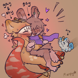 anthro bed big_tail blush blush_lines bodily_fluids cape chest_tuft cloak cloak_only clothing cuddling dialogue duo eyes_closed feet_together fluffy fluffy_tail furniture hand_holding hand_on_head heart_symbol hearts_around_body hug hugging_another hugging_from_behind legs_together male male/male mask piercing scarf steam sweat tail text tuft marpystar fabulous_beasts mythology sibuxiang_the_deer_(fabulous_beasts) tianlu_(fabulous_beasts) tuye_(fabulous_beasts) deer lagomorph leporid mammal mythological_creature pixiu rabbit 1:1 hi_res