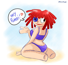 beach bikini butt_cleavage clothing dialogue doll female hair heart_symbol kneeling looking_back mitten_hands purple_clothing rag_doll_(toy) red_hair smile solo speech_bubble swimwear two-piece_swimsuit missnatzooie glitch_productions the_amazing_digital_circus ragatha_(tadc) animate_inanimate humanoid living_doll hi_res