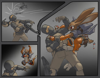 anthro assault_rifle athletic big_ears duo female gun injection male male/female ranged_weapon red_eyes rifle slim tactical_gear weapon mootsider riot_(mootsider) hare human lagomorph leporid mammal absurd_res comic hi_res