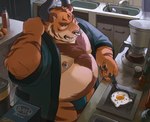 anthro belly blue_clothing blue_underwear bulge clothing cooking detailed_background eyes_closed facial_piercing food horn humanoid_hands inside kitchen male moobs nipples nose_piercing nose_ring overweight overweight_male piercing ring_piercing solo underwear huynhduyad14 tarke felid mammal pantherine tiger 2022 absurd_res hi_res