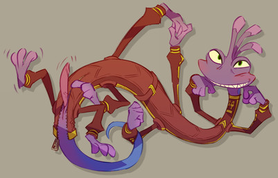 animal_genitalia blush clothing erection genital_slit genitals green_eyes grin male penis pink_penis purple_body red_clothing red_suit smile solo suit throbbing throbbing_penis flookz disney monsters_inc pixar randall_boggs chameleon lizard monster reptile scalie taur hi_res