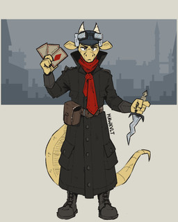 anthro belt belt_buckle boots buckle clothing coat dagger ears_down eyewear footwear goggles hat headgear headwear holding_card holding_cards holding_dagger holding_melee_weapon holding_object holding_weapon horn long_scarf long_tail looking_at_viewer male melee_weapon pivoted_ears scarf shoes solo tail topwear weapon wearing_hat mawkvlt lizard reptile scalie 4:5 hi_res