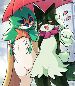 ambiguous_gender anthro beak blush blush_lines brown_body brown_feathers cute_fangs duo fangs feathers flower_(anatomy) fur green_body green_fur green_tail heart_symbol mask open_mouth pink_eyes pink_nose raining tail teeth umbrella wings yellow_eyes thatsquirrelly nintendo pokemon decidueye generation_7_pokemon generation_9_pokemon meowscarada pokemon_(species) 2025