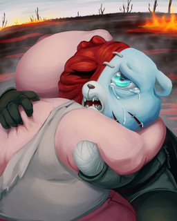 anthro bandage blue_eyes bodily_fluids bottomwear clothing crying detailed_background duo fire hug humanoid_hands outside pants pink_body sad scar shirt slightly_chubby tears topwear zafirocvz unicorn_wars azulin_(unicorn_wars) gordi_(unicorn_wars) bear mammal 2023 4:5 absurd_res hi_res