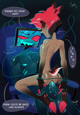 anal anal_penetration arms_tied balls big_penis black_body black_fur black_hair blue_balls blue_body blue_penis blush bound butt dialogue dirty_talk duo eye_contact for_a_head from_front_position fur genitals gloves_(marking) hair handjob handjob_while_penetrating hooves humanoid_on_humanoid humanoid_penetrated humanoid_penetrating humanoid_penetrating_humanoid kneeling looking_at_another looking_back looking_down male male/male male_penetrated male_penetrating male_penetrating_male markings mastery_position penetration penile penis red_body red_fur red_hair red_hooves red_sclera screen screen_face sex speech_bubble square_nipples tail tan_body tan_skin text kn1f33at3r hazbin_hotel hellaverse alastor_(hazbin_hotel) vox_(hazbin_hotel) animal_humanoid deer deer_humanoid humanoid mammal mammal_humanoid object_head screen_head 2025 english_text hi_res