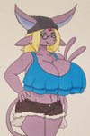 anthro anthrofied big_breasts bottomwear breasts clothing cutoffs daisy_dukes denim denim_bottomwear denim_clothing eyewear female glasses hat headgear headwear hotpants huge_breasts hyper hyper_breasts looking_at_viewer midriff pokemorph purple_body shirt shorts simple_background solo tank_top topwear tufted_fur jumneyarts nintendo pokemon proton_jon eeveelution espeon generation_2_pokemon pokemon_(species) 2:3 hi_res