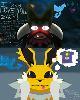 3_fingers anthro blush clothing cross-eyed duo eyelashes feral fingers gender_symbol male male_symbol outside romantic_confession shirt symbol text thought_bubble tongue tongue_out topwear shicken_sugget64 nickelodeon nintendo pokemon spongebob_squarepants spongebob_squarepants_(character) eeveelution generation_1_pokemon generation_9_pokemon jolteon meowscarada pokemon_(species) english_text hi_res