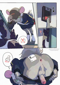 4_panel_comic 5_fingers adolescent anthro anus bag balls bent_over biped black_clothing black_footwear black_hat black_headwear black_nose black_socks blue_bottomwear blue_clothing blue_shirt blue_shorts blue_topwear bodily_fluids bottomwear bottomwear_down butt cheek_tuft clothed clothed_anthro clothed_male clothing delivery_(commerce) delivery_employee doorbell duo erection eyebrows facial_tuft fingers fluffy fluffy_tail footwear foreskin fur furgonomic_hat furgonomic_headwear furgonomics genital_fluids genitals glans green_eyes grey_balls grey_body grey_fur grey_penis grey_perineum grey_tail hair hand_on_hat hat headgear headwear humanoid_genitalia humanoid_penis kemono looking_at_another looking_at_viewer looking_back looking_back_at_viewer male male/male male_anthro messenger_bag monotone_body monotone_fur monotone_tail multicolored_clothing multicolored_penis multicolored_shirt multicolored_topwear musical_symbol partially_clothed partially_clothed_anthro partially_clothed_male partially_retracted_foreskin penis perineum pink_glans pink_inner_ear pink_penis precum presenting presenting_anus presenting_hindquarters presenting_penis pubes purple_body question_mark raised_tail rear_view red_clothing red_shirt red_topwear shirt shoes shorts shorts_down socks speech_bubble symbol tail tank_top text topwear tuft two_tone_penis underwear underwear_down white_clothing white_eyebrows white_footwear white_hair white_pubes white_shirt white_shoes white_tank_top white_topwear yellow_clothing yellow_shirt yellow_topwear young young_anthro young_male booiaher junqui_(booiaher) raven_(booiaher) chinchilla chinchillid felid leopard mammal pantherine rodent 2025 artist_name comic digital_media_(artwork) right_to_left