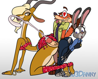 all_fours anthro big_butt bodily_fluids bracelet brown_eyes bubble_butt butt butt_size_difference clothed clothing collaborative collaborative_hot_dogging collaborative_sex cum cumshot ejaculation erection female fighting_over_boy foreskin genital_fluids genitals green_eyes grin group heart_eyes heart_symbol hooves hot_dogging interspecies jewelry legwear long_neck male male/female orgasm penis police police_uniform purple_eyes sex skimpy smile surprised tongue tongue_out toony uniform blu3danny disney zootopia gazelle_(zootopia) judy_hopps nick_wilde antelope bovid canid canine fox gazelle lagomorph leporid mammal rabbit red_fox true_fox 2016 hi_res