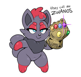 anthro anthrofied blue_eyes dialogue eyelashes female flat_chested half-closed_eyes humor infinity_gauntlet narrowed_eyes pokemorph shortstack shortstack_female simple_background smile solo text thick_thighs white_background acstlu marvel nintendo pokemon zwan_zwan_(acstlu) canid canine generation_5_pokemon mammal pokemon_(species) zorua 2018 crossover digital_media_(artwork) english_text
