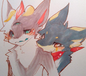 3_eyes anthro blue_mouth blush clothed clothing duo fur grey_body grey_fur kemono kerchief male male/male multi_eye neckerchief neckwear orange_eyes red_kerchief red_neckerchief smile white_body white_fur kemorau mythology dragon mythological_creature mythological_scalie scalie 2014 marker_(artwork) traditional_media_(artwork)