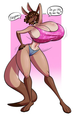 3_toes 5_fingers anthro barefoot big_breasts biped breasts brown_hair clothed clothing dreadlocks feet female fingers hair huge_breasts open_mouth open_smile smile solo tail text toes y2k_(fashion) jongrave kangaroo_valley_girl kangaroo macropod mammal marsupial absurd_res english_text hi_res