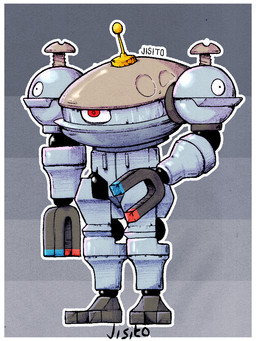 3_eyes abstract_background ambiguous_gender antennae_(anatomy) anthro anthrofied border gradient_background grey_body horseshoe_magnet machine magnet metallic_body multi_eye not_furry red_eyes screw screws simple_background solo white_border jisito nintendo pokemon generation_4_pokemon humanoid magnezone pokemon_(species) robot robot_humanoid 3:4