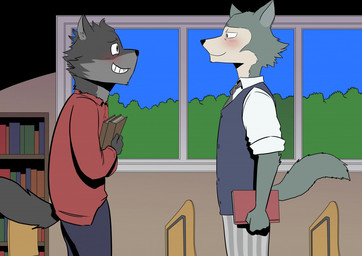 anthro black_body black_fur blue_eyes book chair classroom clothing duo fur furniture grey_body grey_fur inside leaf library male male/male necktie plant school shirt topwear tree vest white_body white_fur window t0l0k beastars damian_(kodiak079) legoshi_(beastars) canid canine canis mammal wolf