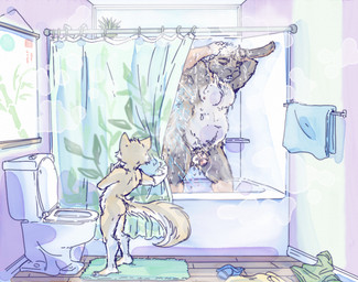 anthro balls bathing bathroom belly duo genitals humanoid_genitalia humanoid_penis looking_at_another male male/male nipples nude penis showering voyeur young young_anthro young_male lavilovi dankitty_(lavilovi) sambun_(tim) domestic_cat felid feline felis lagomorph leporid mammal rabbit digital_media_(artwork)