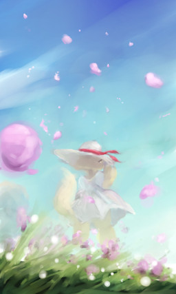 anthro blue_sky bow_ribbon clothing cloud day dress female field flower fur grass hat headgear headwear looking_back painterly petals plant raised_tail rear_view sky solo tail tan_body tan_fur tan_tail white_clothing white_dress white_hat white_headwear wind yellow_eyes key_rooki hazuki_mikami_(hasukii) canid canine mammal 3:5 hi_res