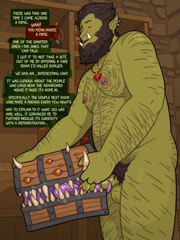 ambiguous_gender arm_hair balls beard belly_hair black_beard black_eyebrows black_facial_hair black_hair black_pubes bodily_fluids body_hair bottle butt_hair chest_hair container detailed_background dialogue duo ear_piercing ear_ring ejaculation erection eyebrows eyes_closed facial_hair foreskin genitals glistening green_body green_skin hair horn humanoid_genitalia humanoid_hands humanoid_penis jewelry leg_hair looking_pleasured low-angle_view male male/ambiguous multi_eye muscular muscular_male necklace nipple_piercing nipples nude oral oral_penetration penetration penis piercing potion potion_bottle prehensile_tongue pubes ring_piercing speech_bubble sweat sweatdrop text tongue tongue_on_penis tusks quasarbearcat dungeons_and_dragons hasbro wizards_of_the_coast half_orc humanoid mimic mimic_chest orc 3:4 absurd_res cel_shading english_text hi_res shaded