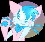 ambiguous_gender anthro blue_body blue_eyes blue_fur blue_pawpads cheek_tuft chest_tuft facial_markings facial_tuft fluffy fur gloves_(marking) hair hair_over_eye handpaw head_markings head_tuft heart_(marking) kerchief markings one_eye_obstructed pawpads paws pink_body pink_fur pointy_ears prick_ears smile solo toony tuft parallaxabomination bani_(ezpups) domestic_cat felid feline felis mammal 2017 alpha_channel icon pastel_theme