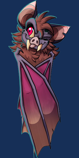 ambiguous_anthro ambiguous_gender anthro big_ears biped bipedal_feral black_body black_skin brown_hair claws fangs fantasy feral folded_wings hair one_eye_closed pig_snout red_eyes red_wings smile solo teeth tongue tongue_out torn_ear wing_claws wings blaze_tfd activision spyro_the_dragon the_legend_of_spyro pox_(spyro) bat mammal 2022 alpha_channel english_description hi_res male_(lore)
