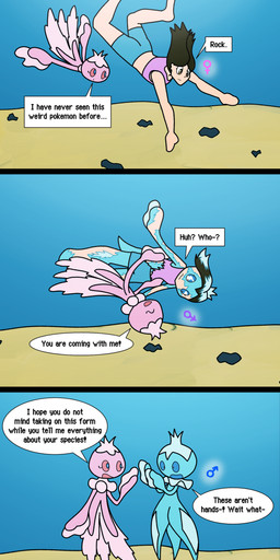 blue_body dialogue duo female feral forced forced_transformation ftm_transformation gender_symbol gender_transformation male pink_body sand sea seabed speech_bubble symbol text transformation transformation_sequence underwater water virimarina nintendo pokemon frillish generation_5_pokemon human mammal pokemon_(species) absurd_res comic english_text hi_res