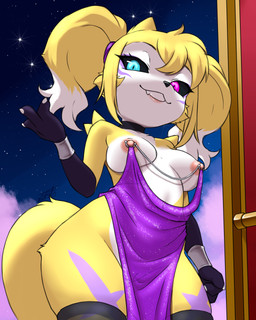 anthro areola armor black_body black_fur blue_eyes bracers breasts choker clothing dark_sclera dress female fur genitals grin heterochromia jewelry legwear linked_nipples linked_piercing markings necklace nipple_chain nipples piercing purple_eyes shortstack shortstack_female smile solo stockings vulva white_body white_fur yellow_body yellow_fur furball bandai_namco digimon nipple_piercing_dress renimpmon renimpmon_x canid canine demon digimon_(species) fox hybrid imp mammal 4:5 hi_res